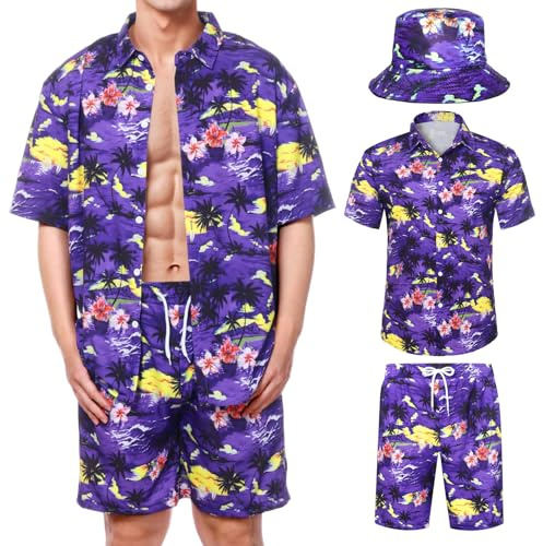 Joyesplay Camisa hawaiana para hombre, 3 piezas, traje hawaiano para hombre con camisa de flamenco, pantalones cortos, sombrero de pescador, camisa hawaiana para verano, juego de hombre, fiesta en la
