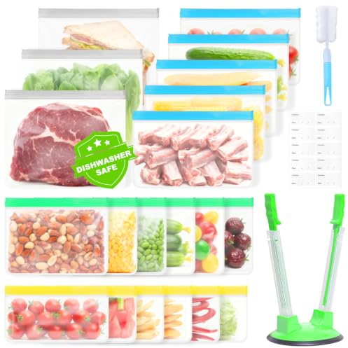 Ferenando 20 Pcs Reusable Freezer Bags, Leakproof 4 Sizes Food Storage Bags | Batch from Scratch Freezer Bags with Holder for Meal Prep, Fruit, Vegetable, Grains-6 Sandwich 6 Snack 3 Gallon 5 Meat
