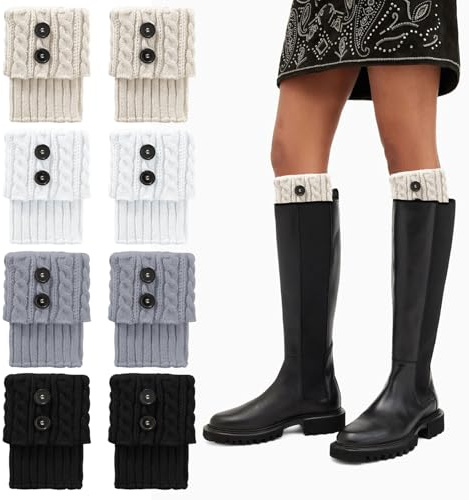 KASURE 4 Pairs Winter Warm Boot Cuffs for Women, 4 Colors of Ankle Warmers, Crochet Knitted Leg Warmers for Women and Girls(Black, White, Gray, Beige)