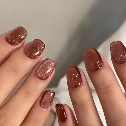 Viugex 24 Pièces Court Carré Faux Ongles, Œil de Chat Marron Paillettes Press on Nails, Brillant Français Ongles à Coller, Réutilisables Acrylique Couverture Complète Ongles Artificiels pour Femme