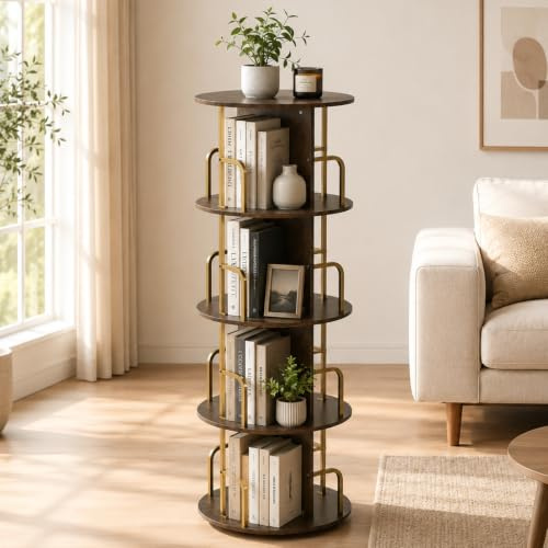 Manora Drehbares Bücherregal 360° Rund, 4 Ebenen Drehbarer Bücherturm aus Holz, Platzsparendes Eckregal mit Anti-Kippschutz, Durchmesser 47,5 cm, Braun