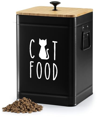 PERFNIQUE Cat Food Storage Container, Airtight Cat Treat Container with Scoop and Bamboo Lid, 25 Cup Pet Food Storage for Kitchen Countertop, Treat Jars for Pets, Farmhouse Cat Food Container (Black)