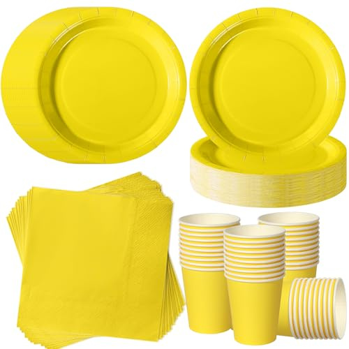 ZblPyro gul festservis set för 40 gäster | 40 x 17,8-centimeters runda pappersfat, 40 x koppar & 40 x servetter | Barns födelsedagsfest, sommarfestival & solig firande