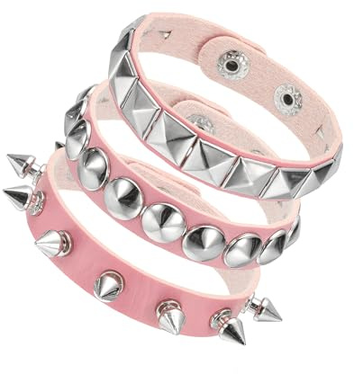 sourcing map 3Pcs Rock Punk Spiked Leather Bracelet Set, 8.7/22cm Goth Studded Cuff Wristband Adjustable Bracelets for Halloween Party Favors Grunge Accessories, Pink