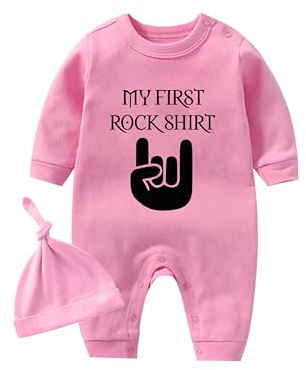 YSCULBUTOL Baby Twins Bodysuits My First Rock Shirt Newborn Long Sleeves Clothes Twin Romper Unisex Outfits With Hat(Pink 3m)