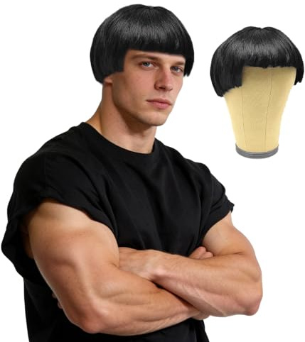 GYIOFAI Ibiza Final Boss Costume Perruque, Perruque Boule Noire années 60, Noir Perruques Carré Cheveux avec Frange, Drôle de Perruques Coupe, pour Cosplay Halloween (Noir)