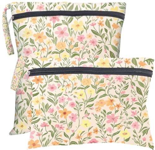 PRESSINART 2Pcs 2 Sizes Floral Wet Dry Bags Waterproof Beach Wet Clothes Bag, Flower Pattern Polyester Washable Reusable Storage Zipper Pouches for Swimsuit Travel Dirty Diaper Clothes Birthday Gifts