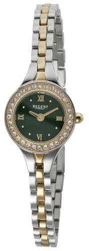 REGENT F-1673 Reloj de mujer de acero inoxidable bicolor/verde con cristales engastados bisel de cuarzo de 19 mm