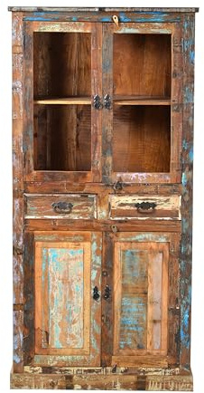 SIT® Vitrine – recyceltes Altholz, Shabby-Chic Vintage, bunt, Glasvitrine mit Stauraum, Höhe 180 cm