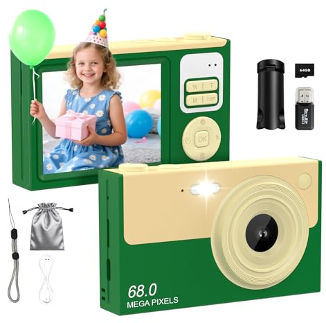 Digitalkamera 4K 64MP Fotokamera 16X Digitalzoom Kamera, Vlogging Fotoapparat Kompaktkamera mit 2,8 LED Bildschirm, 64G Micro Speicherkarte, 1 Akku für Kinder Teenager Studenten Anfänger
