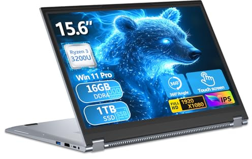 Ordinateur Portable 2 en 1 Écran Tactile 15,6 Pouces Ryzen 3 3200U (jusqu'à 3,5 GHz), Win 11 PC Portable 16Go DDR4 RAM 1To SSD, Laptop 360 ° Rotation FHD Clavier Rétroéclairé Type-C RJ45 WIFI5 HDMI