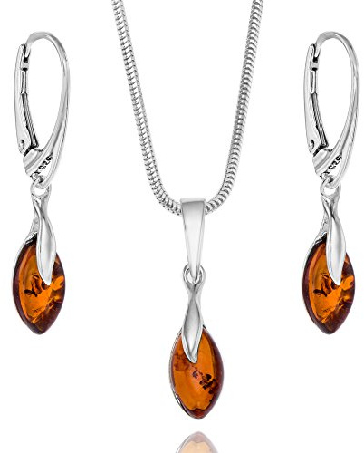 Copal Damen Schmuckset Aus Bernstein Und 925 Silber Mit Verstellbarer Kette