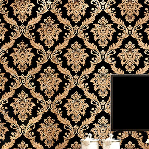 KeTian Vliestapete, Damast im europäischen Stil, Schwarz-goldene Farbe mit Gold-Streu-Effekt für Wohnzimmer, Schlafzimmer, TV-Hintergrund-Tapete 0,53 m x 10 m = 5,3 m2