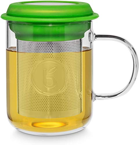 Buntfink „TeaMug“ Teeglas mit Edelstahl-Sieb und Deckel, die Teetasse besteht aus hitzebeständigen Borosilikat-Glas, der Filter kann aus der Tasse entfernt Werden (Tee) 400ml grün