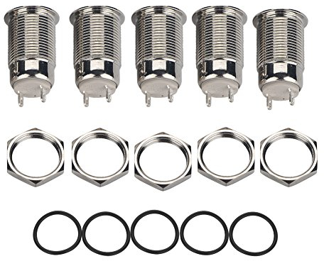 Akozon selbstsichernde wasserdichte Schalter - 5 Stück, Edelstahl-Runde Metall-Druckschalter flach 1NO 1NC - 2 Pin - 12mm-2A36V