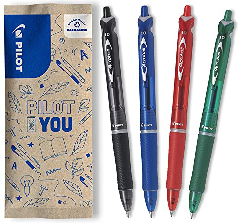 PILOT - Lot de 4 stylos Acroball - Stylo-bille à encre douce pour une fluidité d’écriture inégalée - Stylo rechargeable et rétractable en plastique recyclé - Noir, bleu, rouge, vert - Pointe moyenne