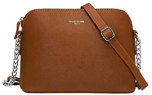 David Jones - Damen Kleine Umhängetasche - Handtasche PU Leder Frau - Crossbody Bag Tasche Kette Schultertasche - Abendtasche Reißverschluss - Alltag Elegant Modisch Schick Party Clutch Cognac Braun