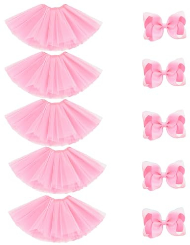 BGFKS 5 Pack Tutu Skirt for Ballet Dance Tutus with Hairbows Pink