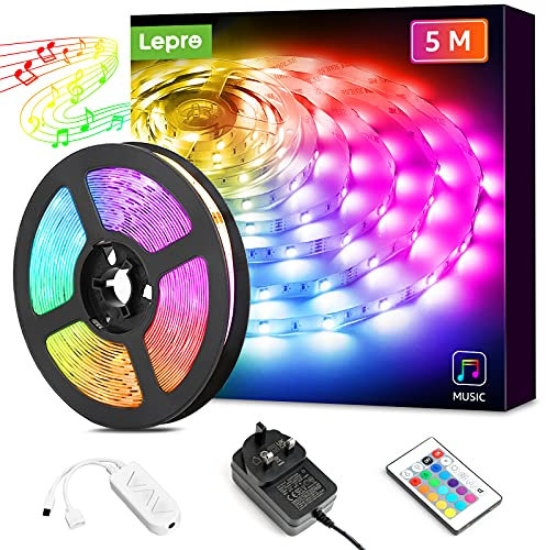 Lepro LED Strip Lights 5M Music Sync, 5050 RGB Colour Changing LED Strip with Remote, Sound Reactive, Dimmable Stick on Plug in LED Lights for Bedroom, Kitchen, Party, Teen Girl Kids Room Decor