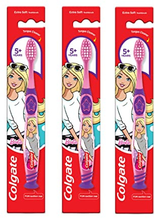 Colgate Barbie Lot de 3 brosses à dents pour enfants à partir de 5 ans, poils extra doux avec gratte-langue