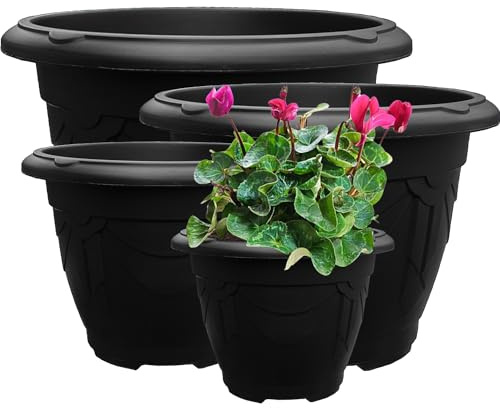 VR7 Plastic Planters Flower Pots with Drainage Holes for Indoor/Outdoor Use 43cm - Set of 2 Modern Decorative Planters Black