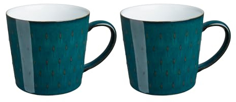 Denby - Greenwich Patterned Coffee Mug Set of 2 - 400ml Large Stoneware Ceramic Cascade Tea Mug Set For Home & Office - Dishwasher Safe, Microwave Safe - Green, White Glaze - Chip Resistant