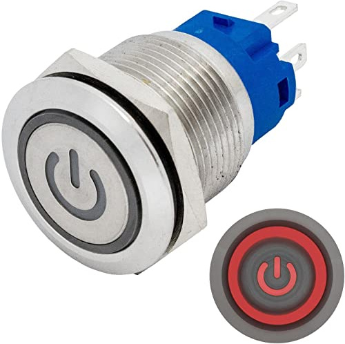 Lumonic pulsador de acero inoxidable plano de 19mm de diámetro I Con un LED de encendido en rojo Dimensiones: 2,8x0,5mm Pin es 250V 3A I Antivandálico según norma IP65