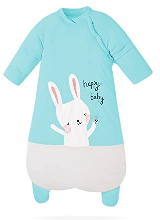 SONARIN Baby Winter Schlafsack mit Abnehmbare Ärmel,100% Baumwolle Baby Schlafsack Super Weich und Warm Kinderschlafsack mit Häschen-Muster für Kleinkinder Kinder 0-3 Jahre Alt(Blau)