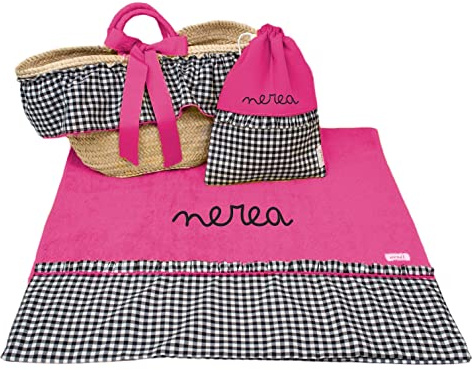 Capazo Mimbre, Toalla de Playa, Bolsa bañadores Personalizado para niña - Conjunto piscina infantil con nombre - 3 piezas (Vichy Negro/Fucsia)