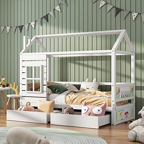 Kayan Hausbett Kinderbett Jugendbett 200x90 mit Rausfallschutz, vielseitiges Holz Kinderbett für Jungen & Mädchen, Massivholz Kinder Bett mit Rausfallschutz Fenster und Lattenrost, Weiß