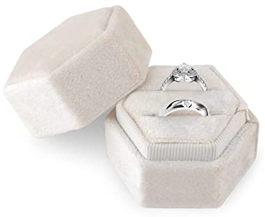 JEKUGOT Velvet Ring Box - Double Slot Hex Box Holds 2 Rings - Perfect for Proposal, Engagement, Valentine & Wedding Gifts