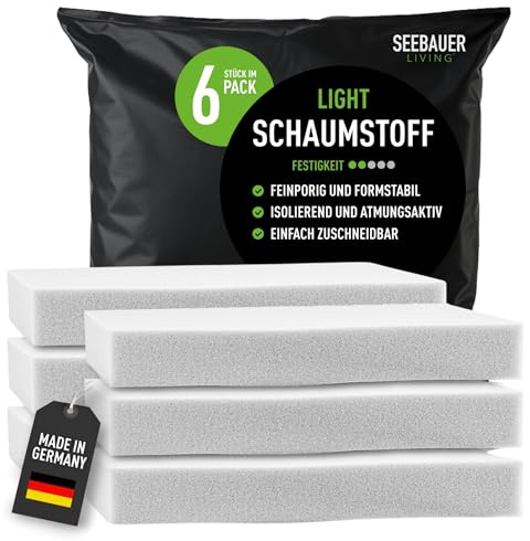 SEEBAUER living Schaumstoff-Set Light RG 26/40 (Mittelfest) 35 x 35 x 3 cm (6er Vorteilspack) Schaumstoffplatte für Polster und Sitzkissen, Polsterschaumstoff als Zuschnitt für Sitzpolster
