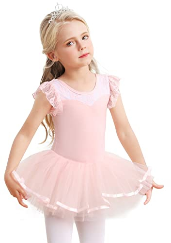 Mädchen Ballettkleidung Ballettkleid Baumwolle Tanzkleid Tutu Ballett Tütü Kinder Balletttrikot mit Rock Ballerina Kleid Rosa 3-4 Jahre