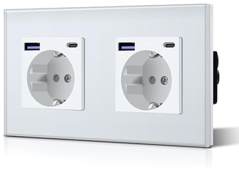 BSEED Steckdose aus Glas mit 20W USB C, Schnellladegerät Wandsteckdose, 3 in 1 Unterputz Steckdosen, Einfache Installation, 240V 16A, 157mm 2 Fach Weiß