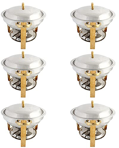 ACiyD Full Size Round Chafing Dish Pack of 6,Stainless Steel Gold Catering Buffet Warming Container Set with Food Pan, Water Pan, Lid, Frame and Fuel Holder