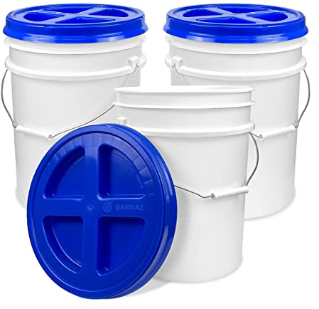 ePackageSupply 5 Gallon White Bucket with Blue Gamma Seal Screw on Airtight Lid | Made in USA | Food Grade | Heavy-Duty HPDE Plastic | Durable 90 Mil Pail | Easy Stack and Store | BPA Free (3 Count)