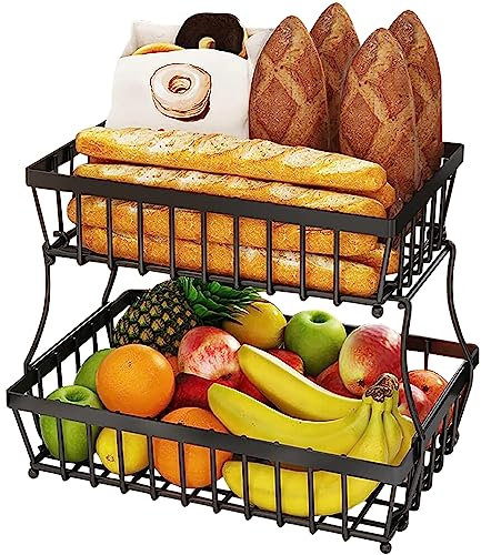 Cestino per frutta a 2 ripiani per cucina, bancone frutta, verdura, snack, portaoggetti, organizer per il pane in metallo rimovibile