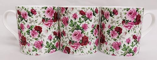 Rainbow Decors Juego de 4 tazas de porcelana fina de 265 ml, diseño de rosas inglesas decoradas a mano