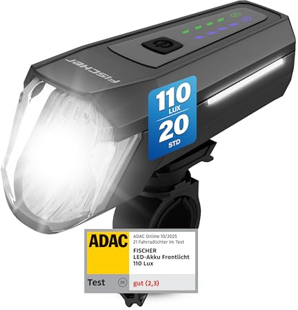 FISCHER Fahrrad LED-Frontlicht 110 Lux, mit Sensormodus, Leuchtweiteneinstellung, bis zu 20 Stunden Leuchtdauer, schwarz, 1 Stück