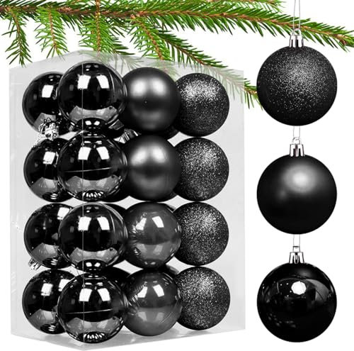Taeku Boules de Noël, 24Pcs 6cm Plastique Étincelants Décorations Sapin Noel Festives Arbre de Noël Ornements avec Crochets pour Noël Fêtes Mariage (Noir)