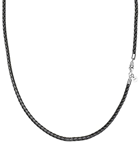 Viwind Echt leder Halskette Lederkette 2.9mm breit geflochten Lederband ketten 45-65cm wählbar 925 Sterling Silber Verschluss Damen Herren für DIY Anhänger Mit Geschenkbox (50cm, Grau-Schwarz)
