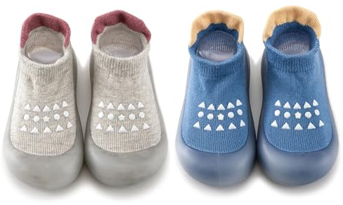 HOVELL Baby Sock Shoes Soft Rubber Sole Sneakers Toddler Girls Boys Non-Slip Walking Shoes Infant Floor Slipper 2 Pairs (Grey Blue Dots,12-18M)