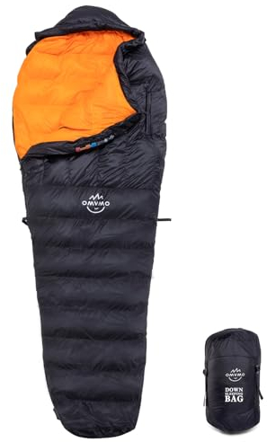 OMVMO 0 Degrees F 650 Fill Power Down Sleeping Bag for Adults, Down Mummy Sleeping Bag for Camping Hiking Backpacking,4 Season. (0℉/Right Zip/with Arm Holes, Regular(Fits up to 6'0'')