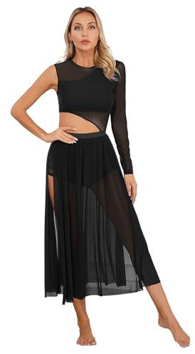 FEESHOW Frauen lyrische Tanzkleider Asymmetrisches-Single Langarm Ballettkleid Tanz Trikot Swing Rock Ballsaal Iyrical Dance Dress Schwarz_J M