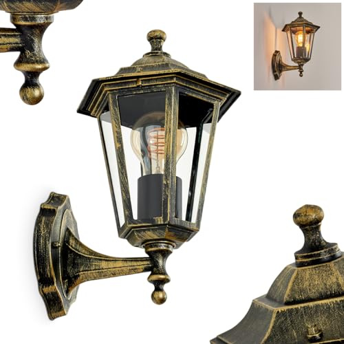 HOFSTEIN Außenwandleuchte Loria, Außenwandlampe aus Metall/Glas in Braun-Gold/Klar, Wandleuchte Up im Retro/Vintage/Landhaus-Design, E27, IP44, Eingangsbereich, Terrasse, Haustür, Hof