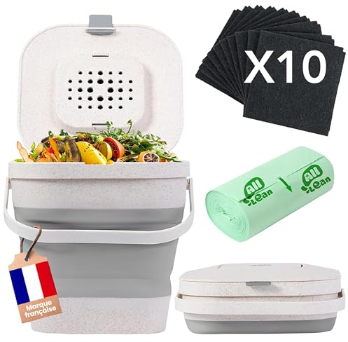 ALL LEAN - Composteur de Cuisine 4L sans Odeur avec 10 Filtres à Charbon - Poubelle Compost 4L pour Cuisine & Appartement – Kit avec Seau + 10 Filtres + 25 Sacs Comspotables + Guide Compost - Grise