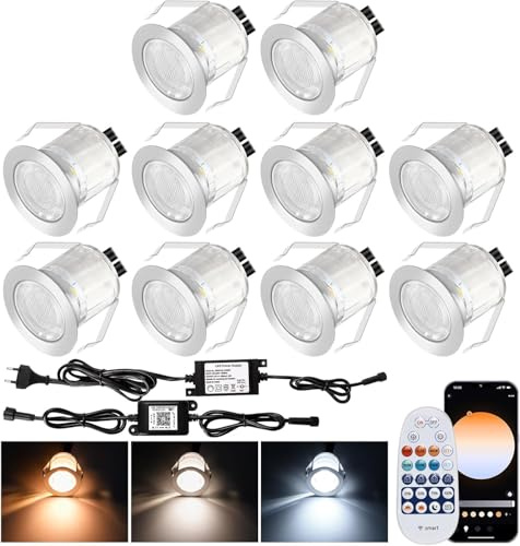 SUBOSI 10er WIFI Smart Dimmbar 1W Warmweiß Kaltes Weiß, Weiß 3 in 1 3000k-6000k LED Bodeneinbauleuchten 0.6W Arbeitet mit Alexa, Google Home, Ø31mm IP67 Wasserdicht, Timing function,mit Fernbedienung