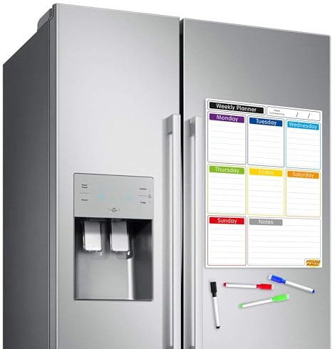 Magnetic Whiteboard for Fridge: Multi-Functional Portrait Weekly Planner, Meal Planner, and Calendar, 42x30cm with Colourful Erasable Pens