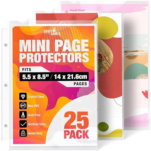 Half Letter 8.5x5.5’’ Pack of 25 Heavy Duty Page Sleeve Protectors for Mini 3-Ring Binders, Top Loading Crystal Clear & Archival Safe Refill Sheets, Acid-Free & Reinforced Holes