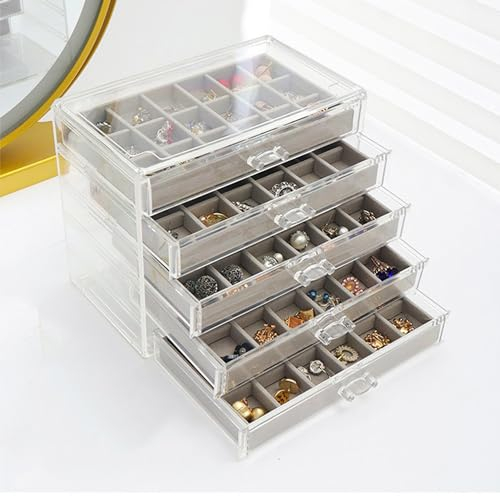 Jinavoty Caja de almacenamiento de aretes, caja de almacenamiento de joyas de acrílico con bandejas de terciopelo, organizador de almacenamiento de aretes para mujeres y niñas (gris, 5 cajones)